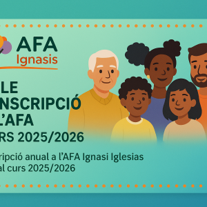 Val d’inscripció a l’AFA Ignasi Iglesias 2025/2026 amb família diversa i logotip sobre fons blau i verd.