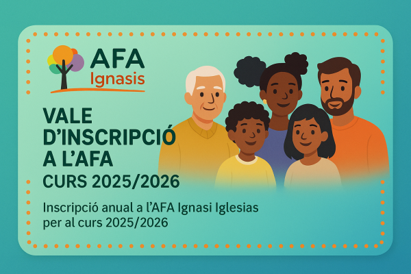 Val d’inscripció a l’AFA Ignasi Iglesias 2025/2026 amb família diversa i logotip sobre fons blau i verd.