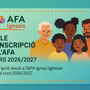 Val d’inscripció a l’AFA Ignasi Iglesias 2025/2026 amb família diversa i logotip sobre fons blau i verd.
